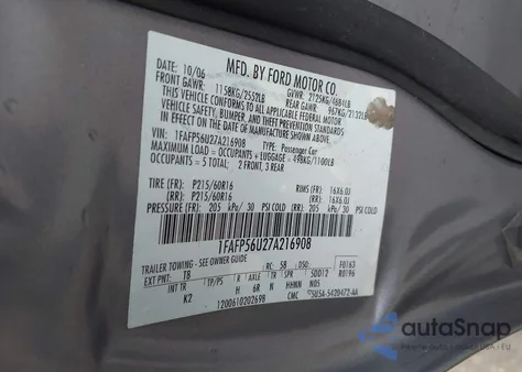 2007 Ford Taurus Sel from USA, damaged, VIN 1FAFP56U27A216908